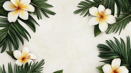 Tropical Paradise:  A Stunning Floral Frame of Plumeria and Lush Palm Leaves