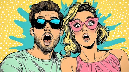 Couple stunned, surprised, bright pop art backdrop