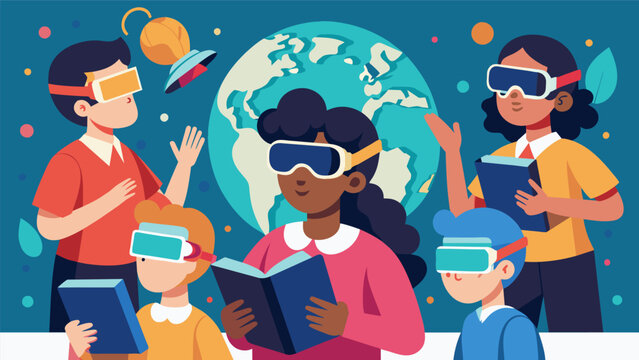 During a history lesson students use virtual reality headsets to immerse themselves in historical events bringing data to life and making the lesson more engaging and memorable.. Vector illustration
