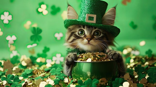 Adorable fluffy kitten wearing a green leprechaun hat, holding a pot of gold surrounded by shamrocks, celebrating St. Patrick's Day.  
