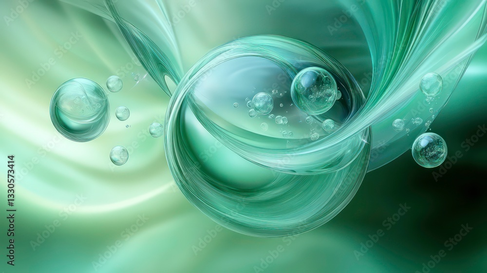 Poster dynamic green swirl: abstract fluid motion art with bubbles
