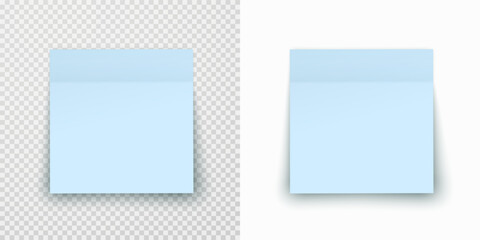 Post note paper sheet or sticky sticker with shadow isolated on transparent and white  backgrounds. Vector blue office memo template