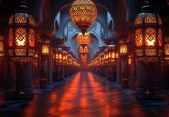 Fototapeta premium Dimly Lit Corridor with Ornate Lanterns and Intricate Tile Patterns