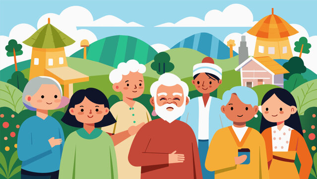 A group of seniors on a field trip to a cultural festival fully embracing the language and traditions of the event.. Vector illustration