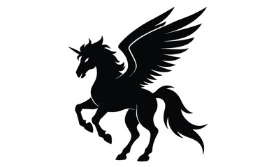 Flying Pegasus silhouette, beautiful black Pegasus sign on a white background.  