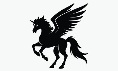 Flying Pegasus silhouette, beautiful black Pegasus sign on a white background.  