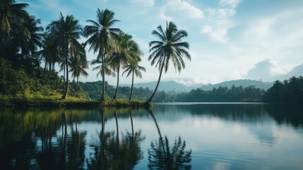 Fototapeta premium A serene lake scene with palm trees surrounding the calm waters, ideal for outdoor or nature-themed projects