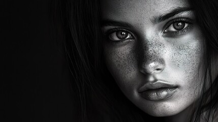 Fototapeta premium High Contrast Black and White Portrait Featuring Freckles and Depth
