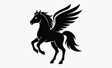 Flying Pegasus silhouette, beautiful black Pegasus sign on a white background.  