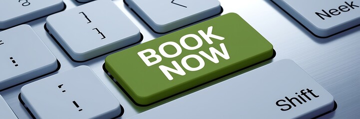 Close-Up of Computer Keyboard Featuring Bold "Book Now" Key. book now, online booking, reservation system, instant booking, travel booking