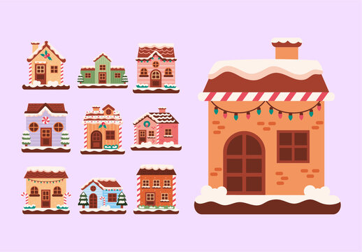 Brown Christmas Gingerbread Festive House Illustration Set