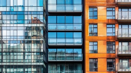 Obraz premium Modern Architecture Featuring Glass and Brick Facades in Urban Setting