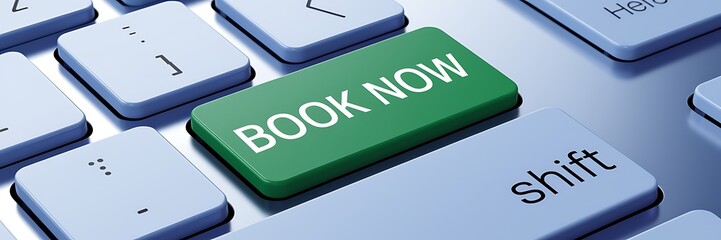 Close-Up of Computer Keyboard Featuring Bold "Book Now" Key. book now, online booking, reservation system, instant booking, travel booking