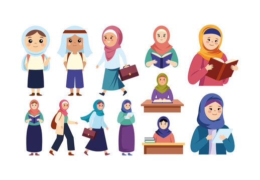 Colorful Hijab Student Education Illustration Set