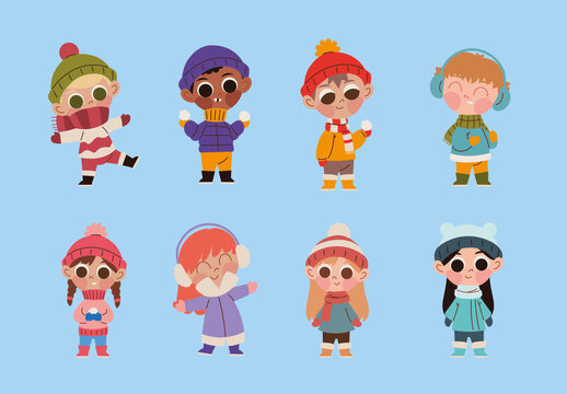 Colorful Kid in Winter Clothes Illustration Set