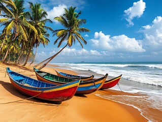 Obraz premium Colorful fishing boats resting on a sandy beach near palm trees