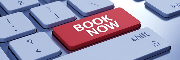 Close-Up of Computer Keyboard Featuring Bold "Book Now" Key. book now, online booking, reservation system, instant booking, travel booking
