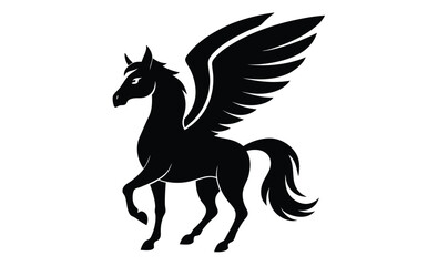 Flying Pegasus silhouette, beautiful black Pegasus sign on a white background.  