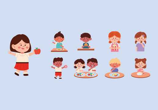Colorful Student Eating Healthy Food Illustration Set