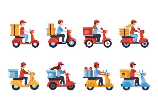 Colorful Motorcycle Express Parcel Delivery Illustration Set