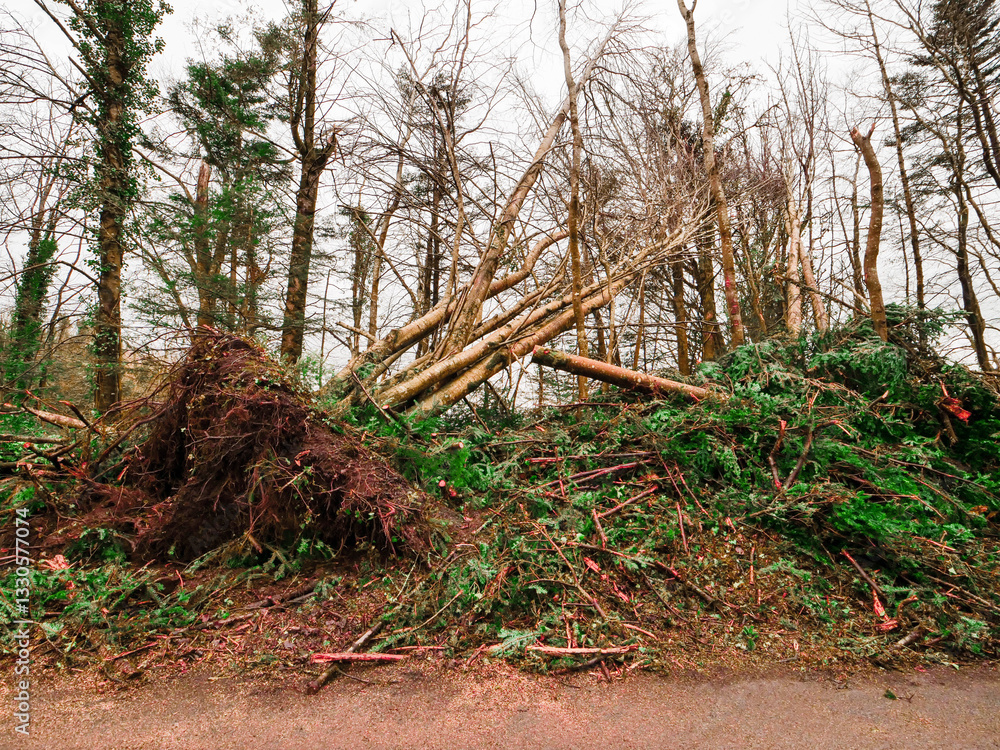 Wall mural a road with trees on either side and a large fallen tree in the middle. the road is covered in leave