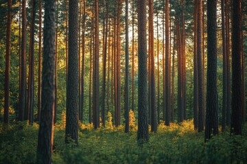 Obraz premium A dense forest with numerous tall trees, suitable for outdoor or nature-themed projects