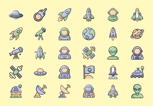 Purple and Green Space Science Exploration Icons Set