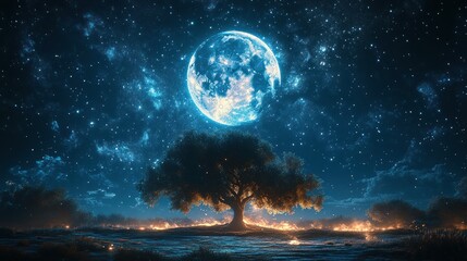 Naklejka premium Enchanted Night: A Lone Tree Under a Giant Moon