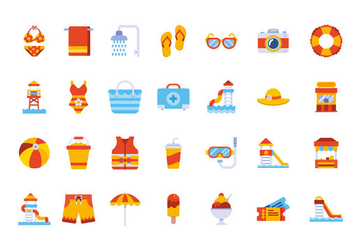 Yellow and Orange Summer Beach Water Park Icons Set