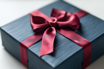 elegant gift packaging, navy gift box with a red ribbon elegantly displaying a seamless design on a white backdrop
