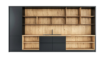 Modern kitchen cabinets and shelves showing contemporary design with transparent background