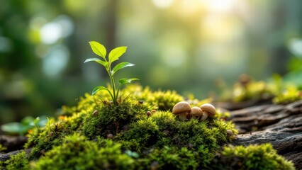 Obraz premium Close-up view of soft moss carpeting a rotting log, with delicate fungi and tiny beetles crawling among the moist, decomposing wood in a temperate rainforest