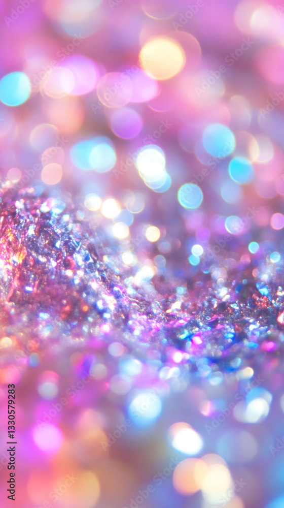 Poster Abstract background with glittering purple surface reflecting colorful bokeh lights, creating a festive and magical atmosphere