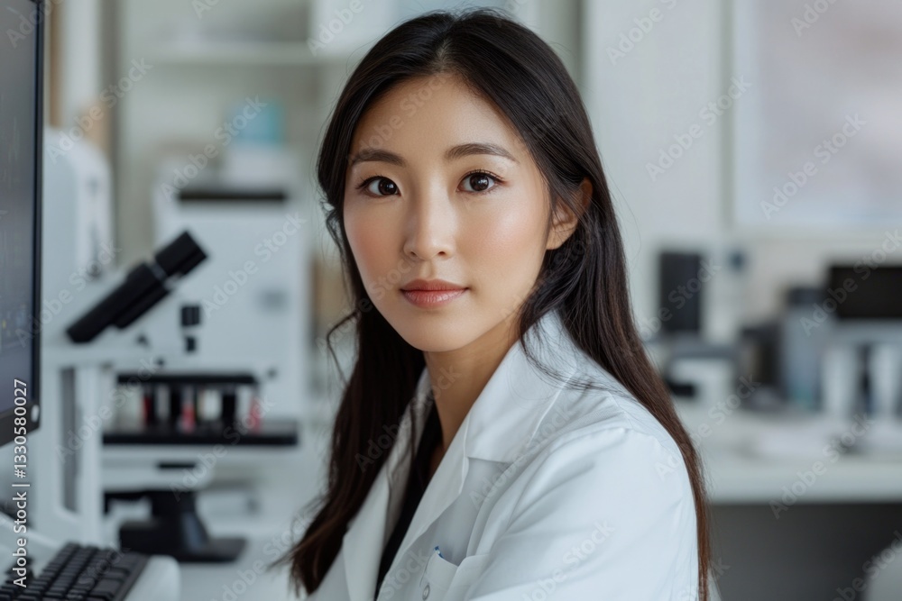 Poster a woman in a lab coat sits in front of a computer, working on a project