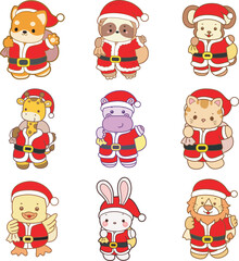 Cute animals vector icon with christmas theme. Funny baby animal christmas illustration.