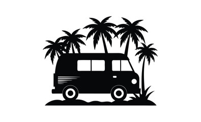 Minibus with palm trees icon, minibus, surfboard and palm trees icon. Camper, minivan. Black silhouette, Vector simple flat graphic illustration. Isolated object on white background.  