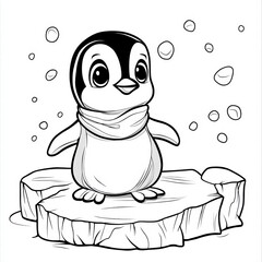 Charming Penguin on Ice: A cheerful penguin, with an adorable scarf, stands gracefully on a serene iceberg, accompanied by gentle snowflakes in an illustrative representation