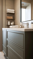close up, bright bathroom, cinematic photography, no blur, highly detailed, realistic, chic, dresser, mirror, empty shelf