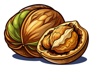 vector of  walnut, peeled and in shell, on a white isolated background