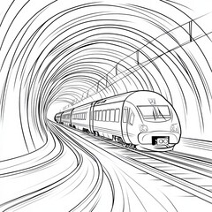 Speeding Train in Tunnel: A monochrome image captures the powerful form of a train as it speeds through a futuristic tunnel, creating a sense of velocity and technological advancement.
