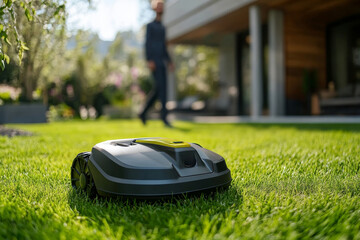 robotic lawnmower cutting grass in a yard with person blurred in background.
