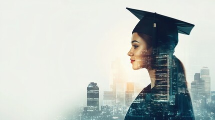 Fototapeta na wymiar A double exposure image of a student in a graduation cap combined with a city skyline, symbolizing education and urban opportunities, banner with copy space