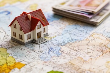 A small toy house sitting on the surface of a map, representing a miniature world