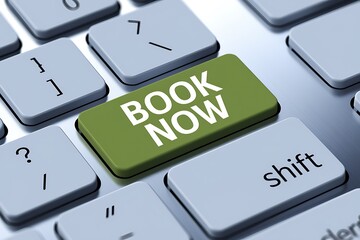 Close-Up of Computer Keyboard Featuring Bold "Book Now" Key. book now, online booking, reservation system, instant booking, travel booking