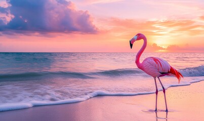 a flamingo standing on a beach at sunset.