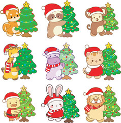 Cute animals vector icon with christmas theme. Funny baby animal christmas illustration.