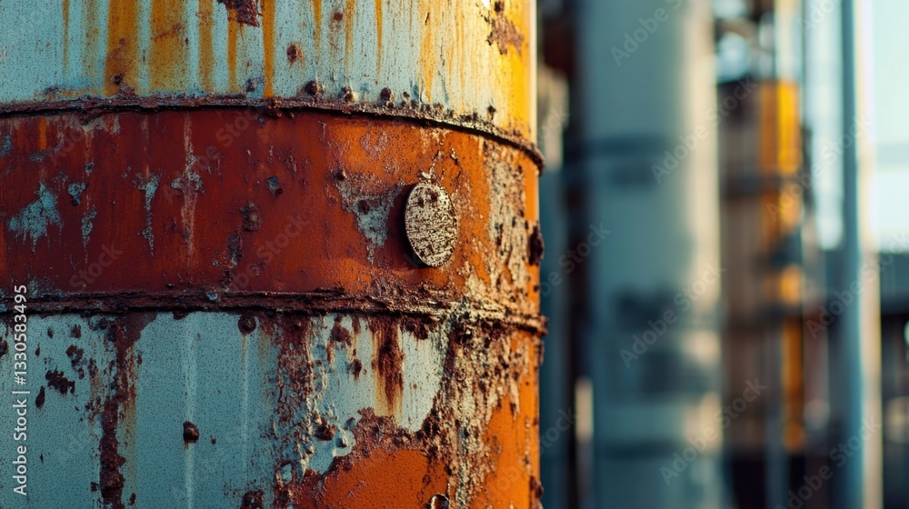 Poster a close-up shot of a rusty pole against a backdrop of a building, suitable for use in urban-themed p