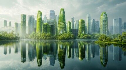 A futuristic vision of a green city with modern buildings is beautifully reflected in the calm waters of a lake, symbolizing urban sustainability