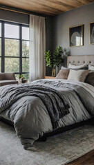 Spacious and elegantly designed bedroom with soft bedding and minimalist decor inviting relaxation and comfort.