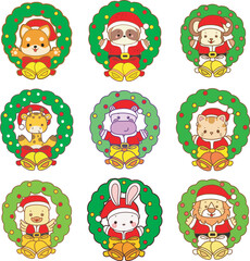 Cute animals vector icon with christmas theme. Funny baby animal christmas illustration.